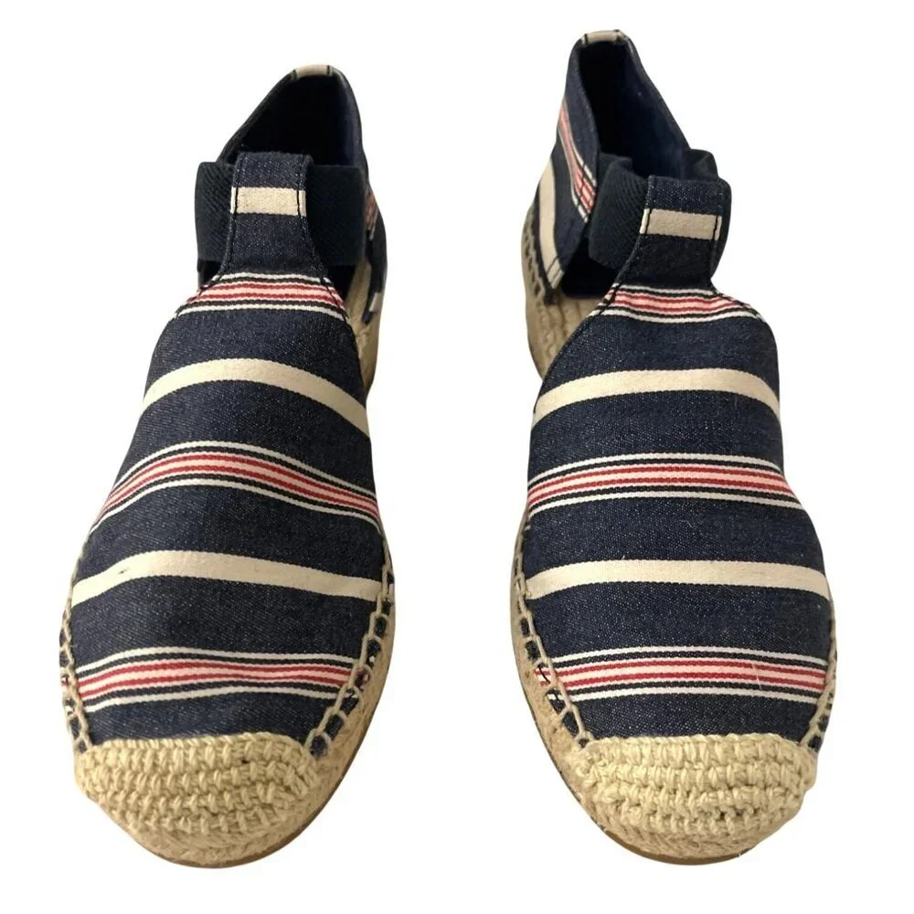 NEW Tory Burch Catalina Navy & Red Striped Denim Espadrille Wedge Sandals 7.5